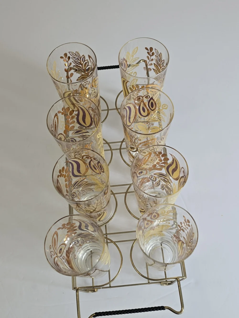 Vintage MCM Set Of 8 Gold Butterfly Leaf Botanical Tumblers With Carrier 12 Oz